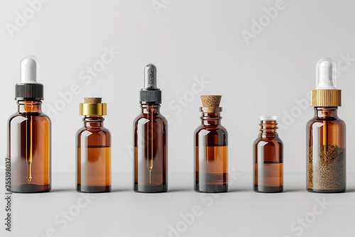 Various bottles / roller bottles / spray bottles made of glass and metal for cosmetics, natural medicine, essential oils or other liquids isolated over a transparent background, Top view.