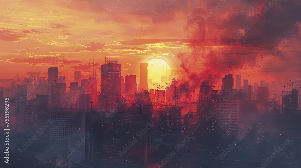 A dramatic sunset behind a cityscape, with colors intensified by particles and haze from the heat.