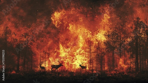 A dramatic depiction of animals fleeing a forest fire caused by slash and burn deforestation practices. photo