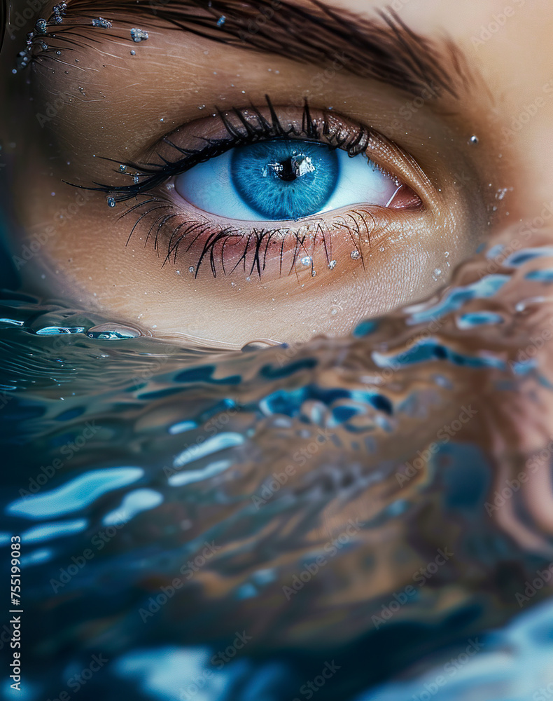 Beautiful feminine blue eyes emerge from the water with mesmerizing serenity. Blue eyes with a mysterious depth in contrast to the fluid surface of the water.