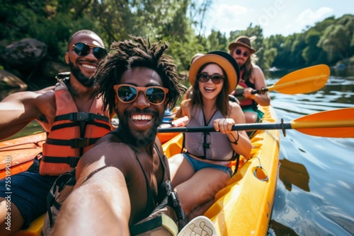 Friends share a cheerful moment on a kayak, with a selfie capturing their radiant smiles, and life vests adding a pop of color. © Maria