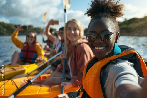Close-up of a jubilant group selfie in a kayak, featuring friends and colorful paddles, with a backdrop of calm waters.