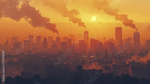 A stark image of smog over a city skyline signals air pollution caused by burning fossil fuels.