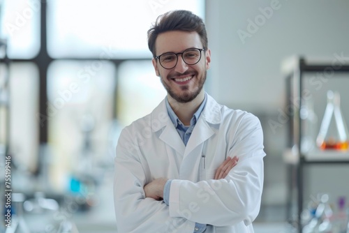 A smiling young male scientist crosses his arms confidently in a lab environment, showcasing the blend of expertise and approachability in the field of science.