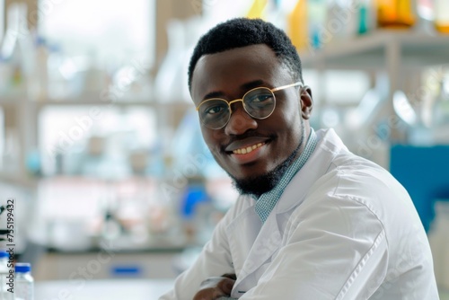 A young, confident African male lab technician with stylish glasses poses in a bright laboratory setting.