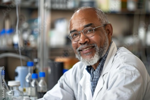 A cheerful senior male scientist with glasses and a white lab coat stands in a well-equipped laboratory. © Maria