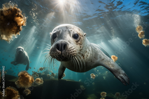 Seehund neugierig unter Wasser, ein Seehund schwimmt unter der Wasseroberfläche durch ein Riff