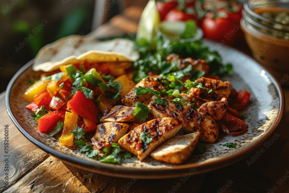 Delicious chicken and vegetable dish served on a rustic wooden table Delicious chicken and vegetable dish served on a rustic wooden table