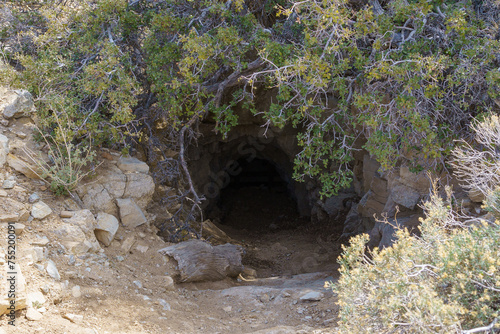 Mine cave entrance at Eagle Cliff Mine cabin in Joshua Tree National Park, California