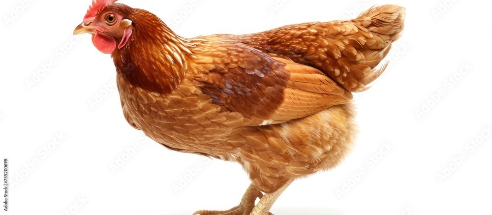 Fototapeta premium Portrait red or brown chicken isolated on white background. AI generated image
