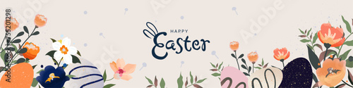 Happy Easter banner. Trendy design with typography, easter rabbit, eggs, leaves, floral bouquets, spring flowers compositions. Horizontal poster, greeting card, template, header or cover for website.