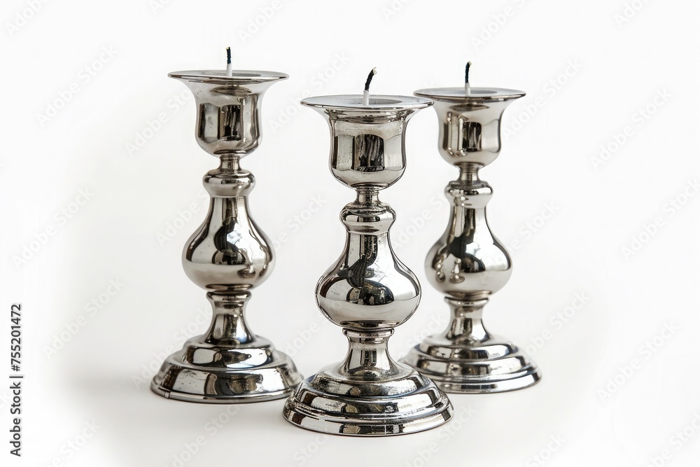 A set of elegant silver candle holders, adding a touch of sophistication to any setting, isolated on a pure white background.