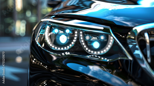 Closeup of modern car headlight (3D Illustration). Generative AI