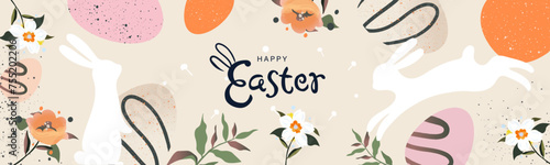 Happy Easter banner with typography, easter rabbit, eggs, floral bouquets, spring flowers compositions. Trendy poster, greeting card, invitation, header, cover for website. Modern abstract background.
