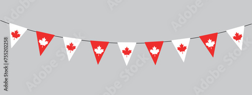 Canada Day decoration, flag of Canada, bunting garland, string of triangular flags for outdoor party, red maple leaf, pennant, retro style vector illustration