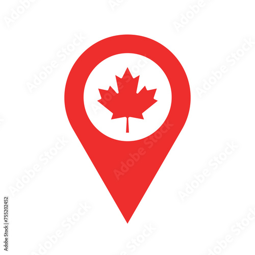 canada location pin, gps marker, made in canada symbol, find us sign, red color with maple leaf, vector