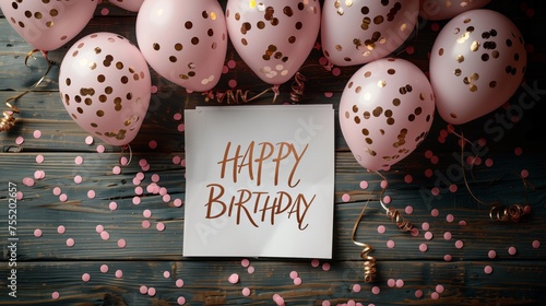 Pink balloons and confetti on wooden table for birthday celebration