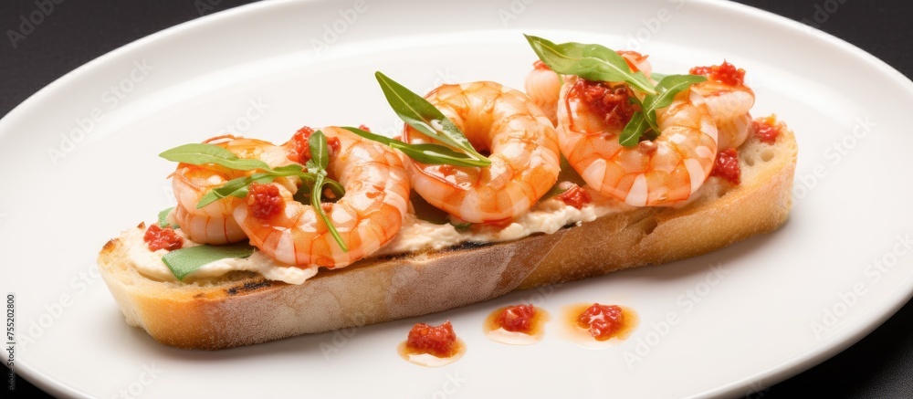 A white plate showcasing a sandwich filled with shrimp, a delicious and popular ingredient commonly used in various cuisines. This finger food is a perfect choice for a quick and tasty meal A white plate showcasing a sandwich filled with shrimp, a delicious and popular ingredient commonly used in various cuisines. This finger food is a perfect choice for a quick and tasty meal
