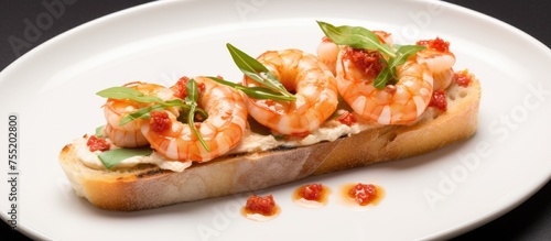 A white plate showcasing a sandwich filled with shrimp, a delicious and popular ingredient commonly used in various cuisines. This finger food is a perfect choice for a quick and tasty meal