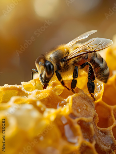Close-up shot of a single honeybee collecting nectar amidst the golden hues of a honeycomb, honey pollen flower bee beesawax theme © Jasmina