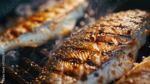White fish fillet cooking frying in oil. Background concept photo