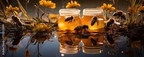 Bees buzzing around open golden honey jars reflecting in water, symbolizing natural sweetness and organic harvest, honey pollen flower bee beesawax banner