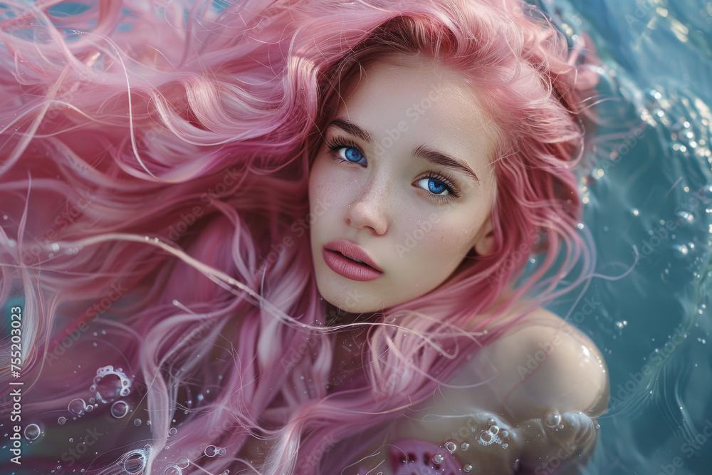 Beautiful sea mermaid with flowing pink hair. Generative AI