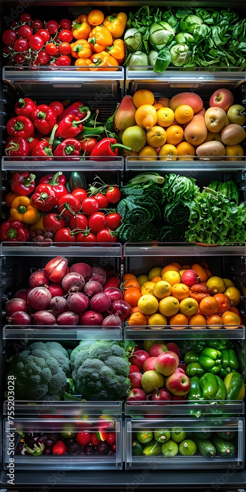 Colorful assortment of fresh vegetables and fruits in a fridge, organized, healthy eating. AI