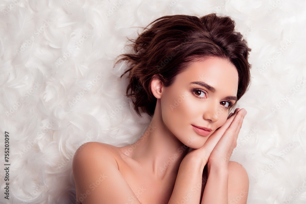 Top view photo of sweetie girlfriend young age wife waiting for husband at home in cozy linen feathers mattress Top view photo of sweetie girlfriend young age wife waiting for husband at home in cozy linen feathers mattress