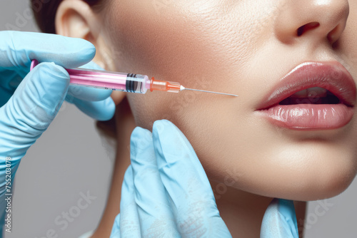 Doctor hands doing beauty procedure to female face with syringe. Young woman s face contouring with filler injection. Generative AI