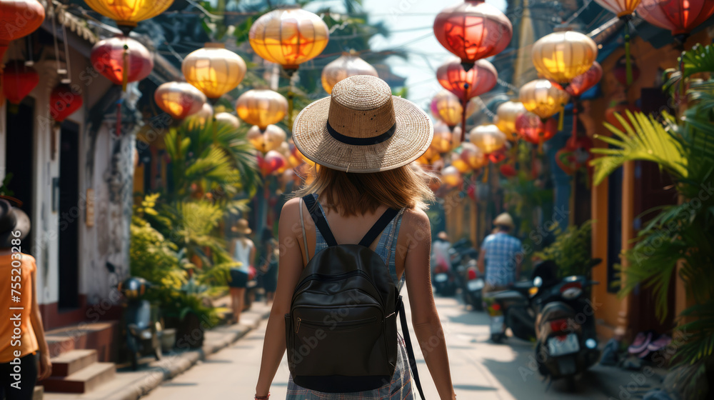 European girl tourist exploring the narrow streets of old cities in Asia