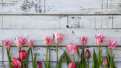 springtime pink tulips on white rustic wooden boards for Mothers Day #755203432