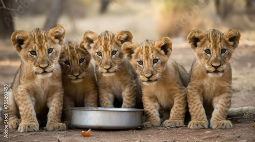 A group of lion cubs sit next to the bowl with food. National Siblings day