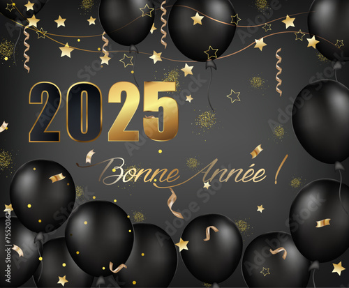 carte ou bandeau pour souhaiter une bonne année 2025 en or et noir avec des ballons noirs sur fond gris en dégradé avec des étoiles des serpentins de couleur or