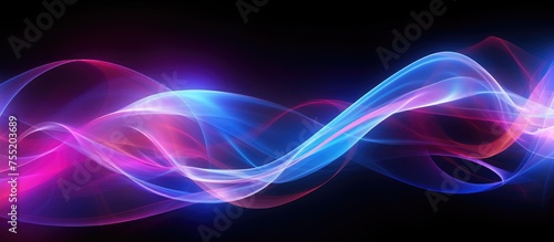 A dynamic display of abstract twisted light fibers creating a colorful wave on a stark black background. The vibrant hues blend and twist  creating a mesmerizing and modern wallpaper effect.
