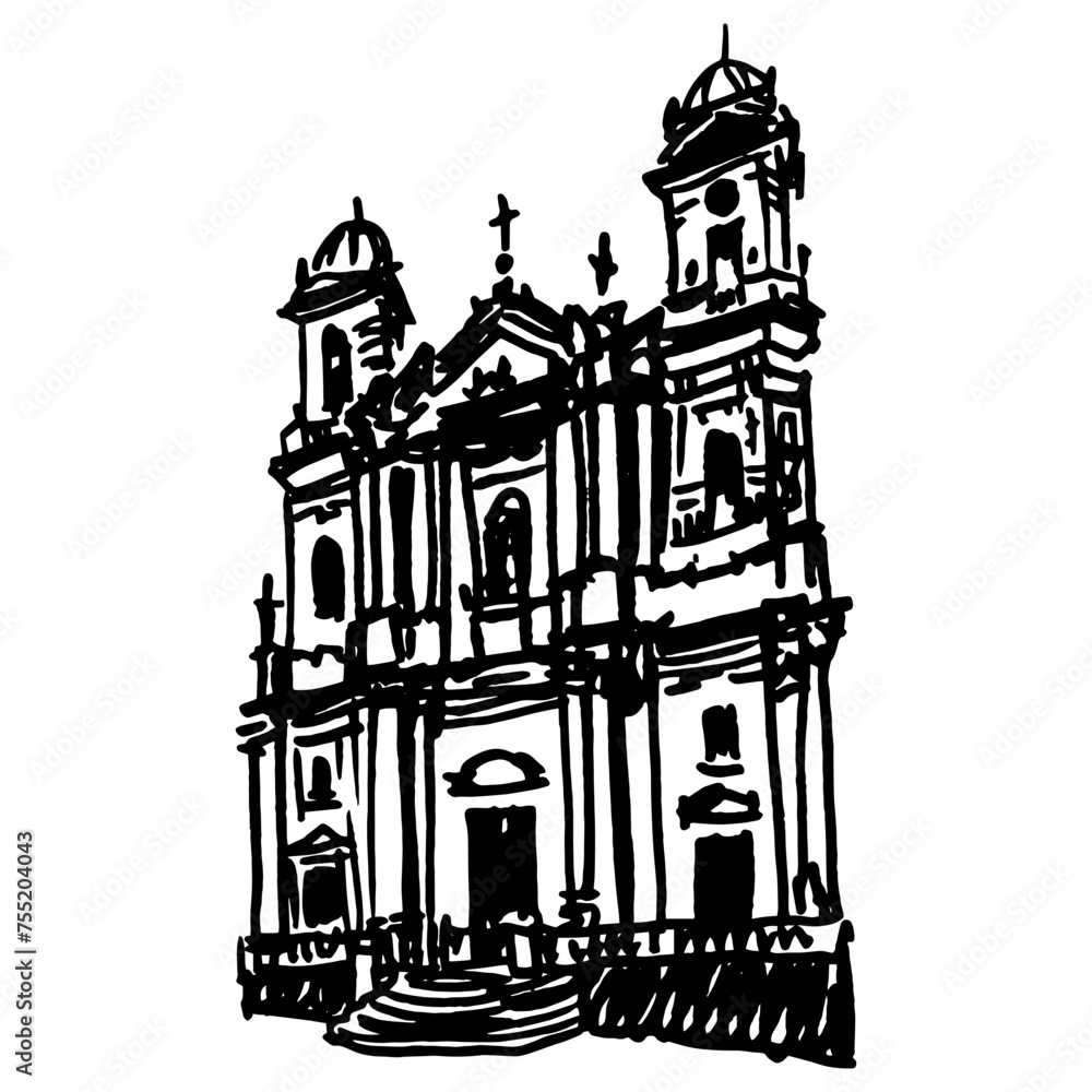 San Francesco d'Assisi all'Immacolata, Catania. Roman Catholic church in Italy. Hand drawn linear doodle rough sketch. Black and white silhouette.