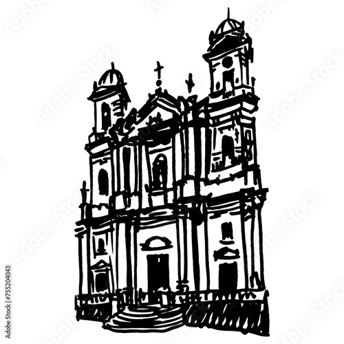 San Francesco d'Assisi all'Immacolata, Catania. Roman Catholic church in Italy. Hand drawn linear doodle rough sketch. Black and white silhouette.
