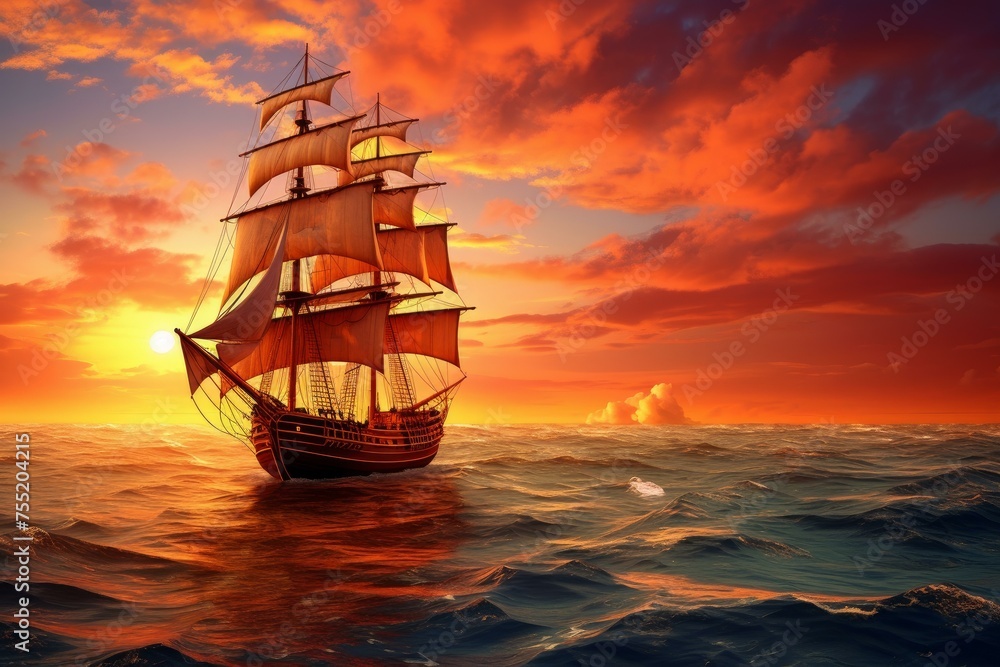 Vast Ship sails ocean sunset. Nature sun sky travel nature. Generate Ai