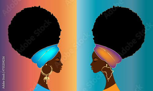 Portrait African women in Afro Curly hair, luxury golden earrings and turban. Beauty fashion template. Vector illustration isolated on colorful background.