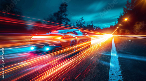 a car driving on a road with lights