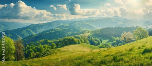 Beautiful countryside grassy field, rolling hills landscape in mountains rural scenery. AI generated © yusufadi