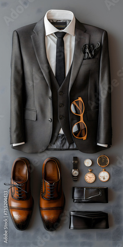 Elegantes Outfit für Männer, Anzug, Krawatte und Accessoires von oben aufgereiht, Konzept Business-Look photo