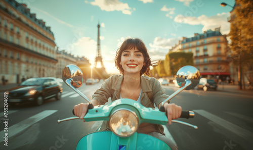  Embracing Life's Journey: smiling young woman on motor Scooter riding Paris streets with Eiffel Tower background, Celebrating life Benefits, Joyful Parisian Adventures. Happy people, traveling concep