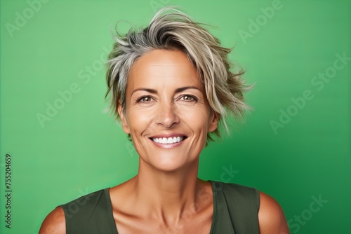 Portrait of a happy middle aged woman with short grey hair on a green background