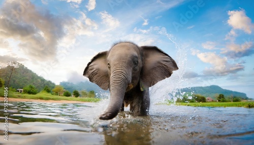 closeup view of cute and adorable baby elephant in splashing water in happy mood, lovely zoomed shot of animal.