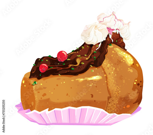 Babà al rum con crema di cioccolato fondente, ribes, meringhe e glassa. Cibo.
 Immagini. Pasticceria tradizionale.Icona. Clip art.
 photo