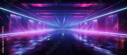 In this dark tunnel, neon lights in vibrant shades of purple and blue illuminate the grunge concrete walls. The lights create a glowing, reflective effect,