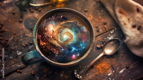 coffee cup filled with dark coffee that is mixed with colorful nebula and galaxies inside the cup