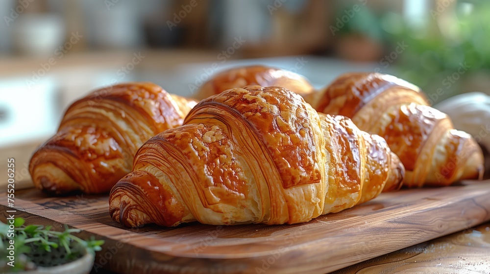 Three croissants displayed on cutting board, a tasty viennoiserie treat Three croissants displayed on cutting board, a tasty viennoiserie treat