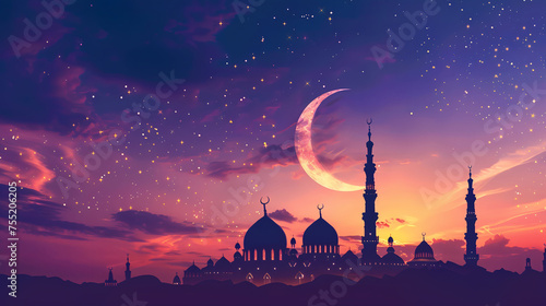 Crescent moon and mosque silhouettes panorama on ornamental Ramadan Kareem ideal for festive background with copy space Islamic design greeting card, Eid Mubarak, Eid Al-Fitr celebration concept photo